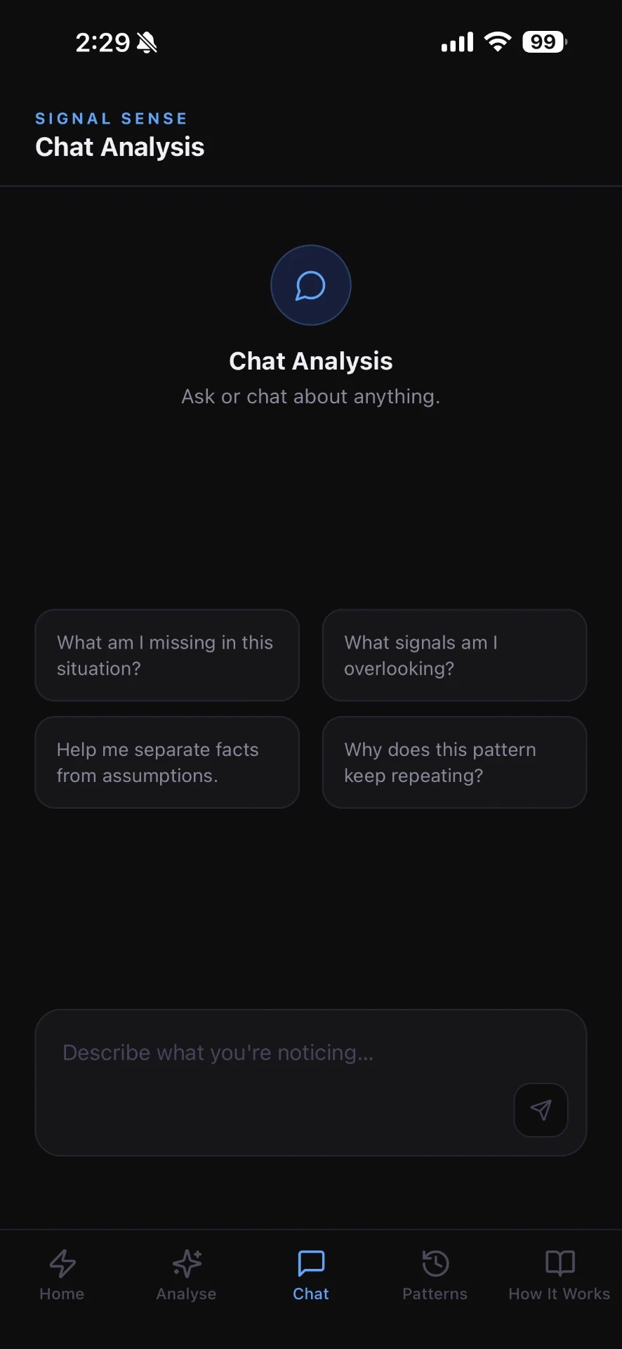 Signal Sense Decode chat screen with suggested questions and a message box