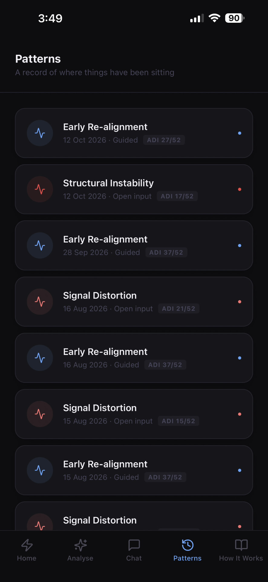 Signal Sense Decode patterns screen listing past readings with their Alignment Density Index scores