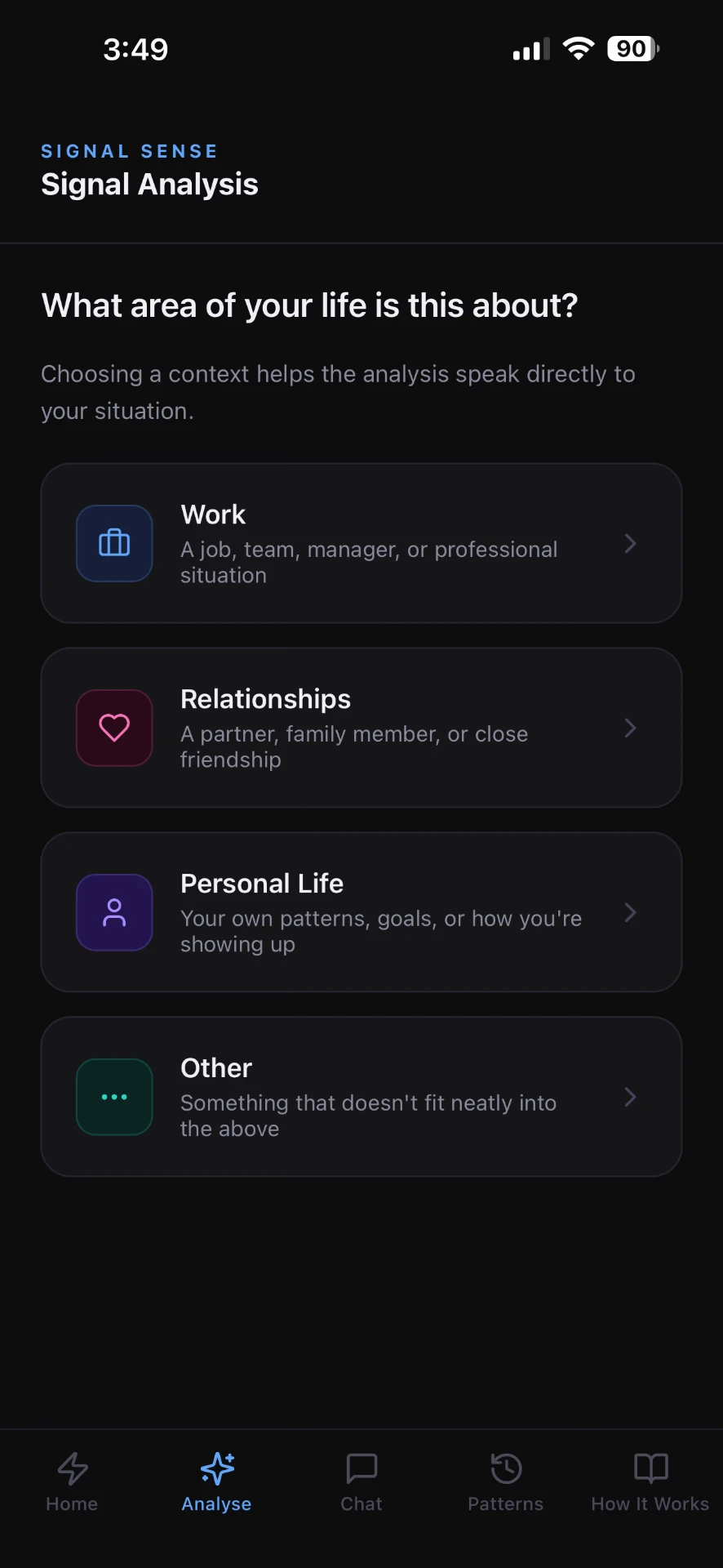 Signal Sense Decode analysis screen for choosing a context such as work, relationships or personal life